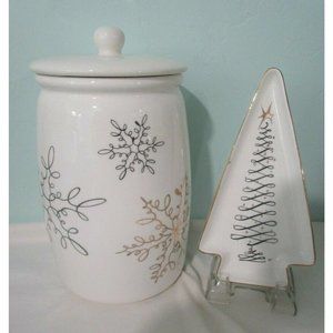 Servappetit Holiday Cookie Jar & Candy Dish Snowflakes Christmas Tree Open Box